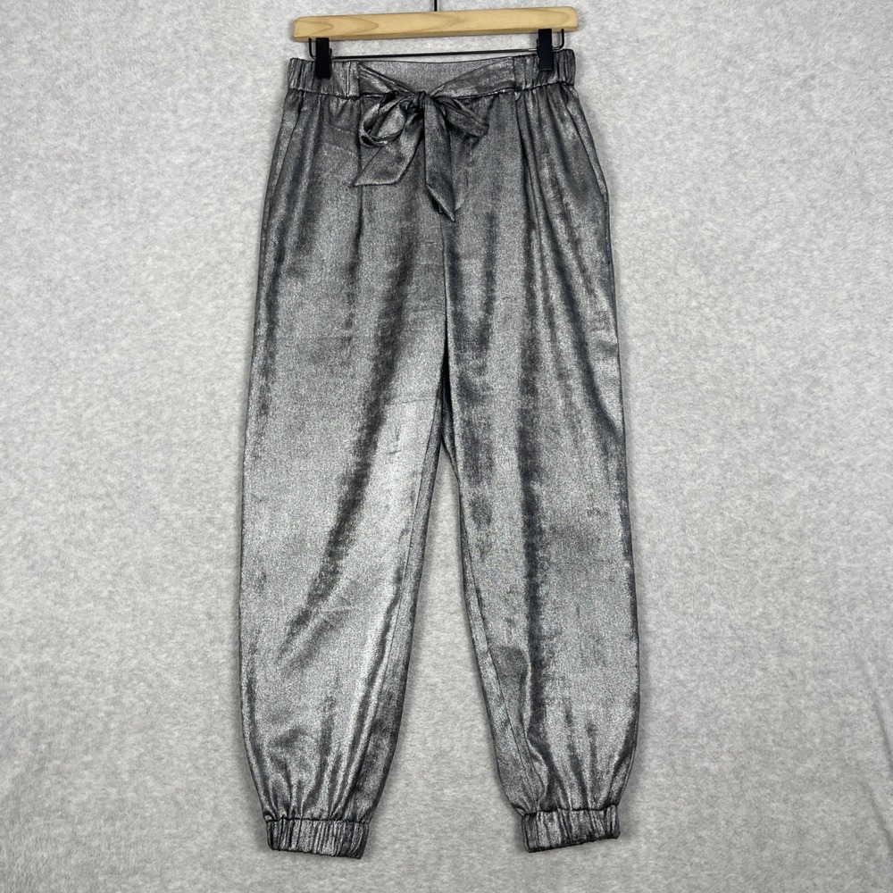 Brochu Walker Metallic Jogger Pants Womens S Silver Tie Waist Tapered Shimmer